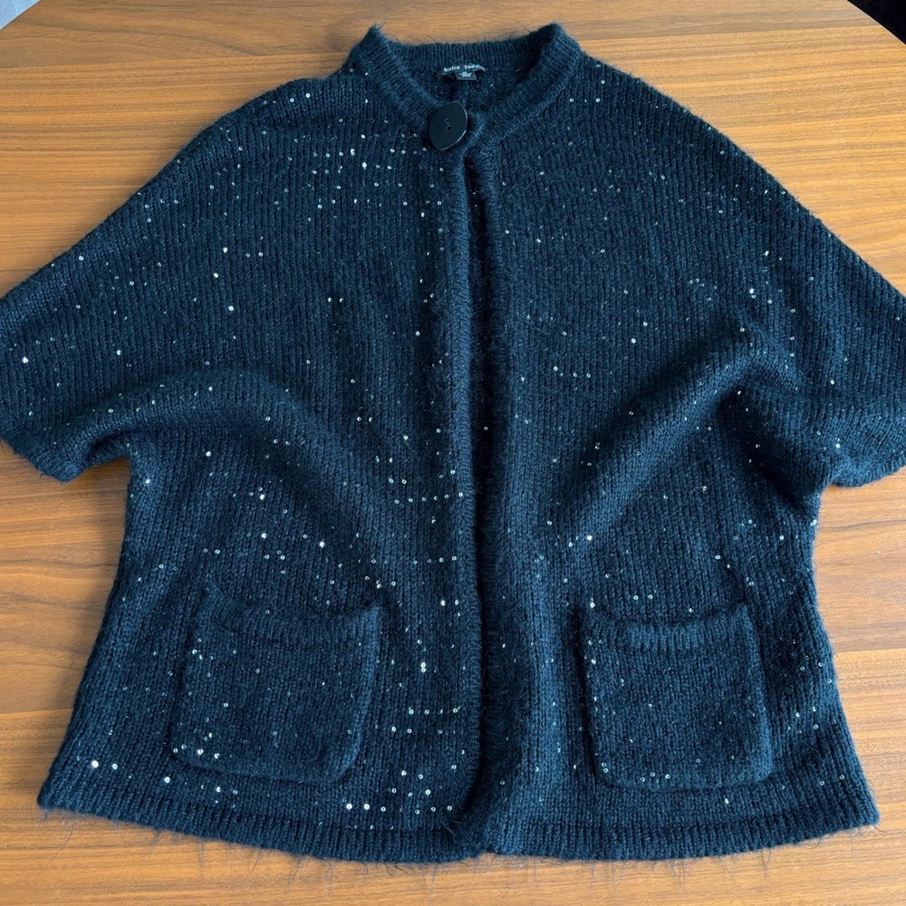 Y2K Vintage Black Sequin Cardigan Knit M Whimsigoth Goth Glam 2000s Grandma Chic